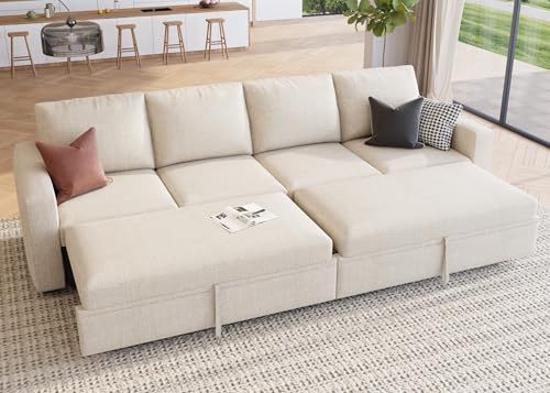 Image of HONBAY Modular Sectional Sleeper Sofa Bed, with Pull Out Bed, Linen Convertible Sectional Couches for Living Room - Beige