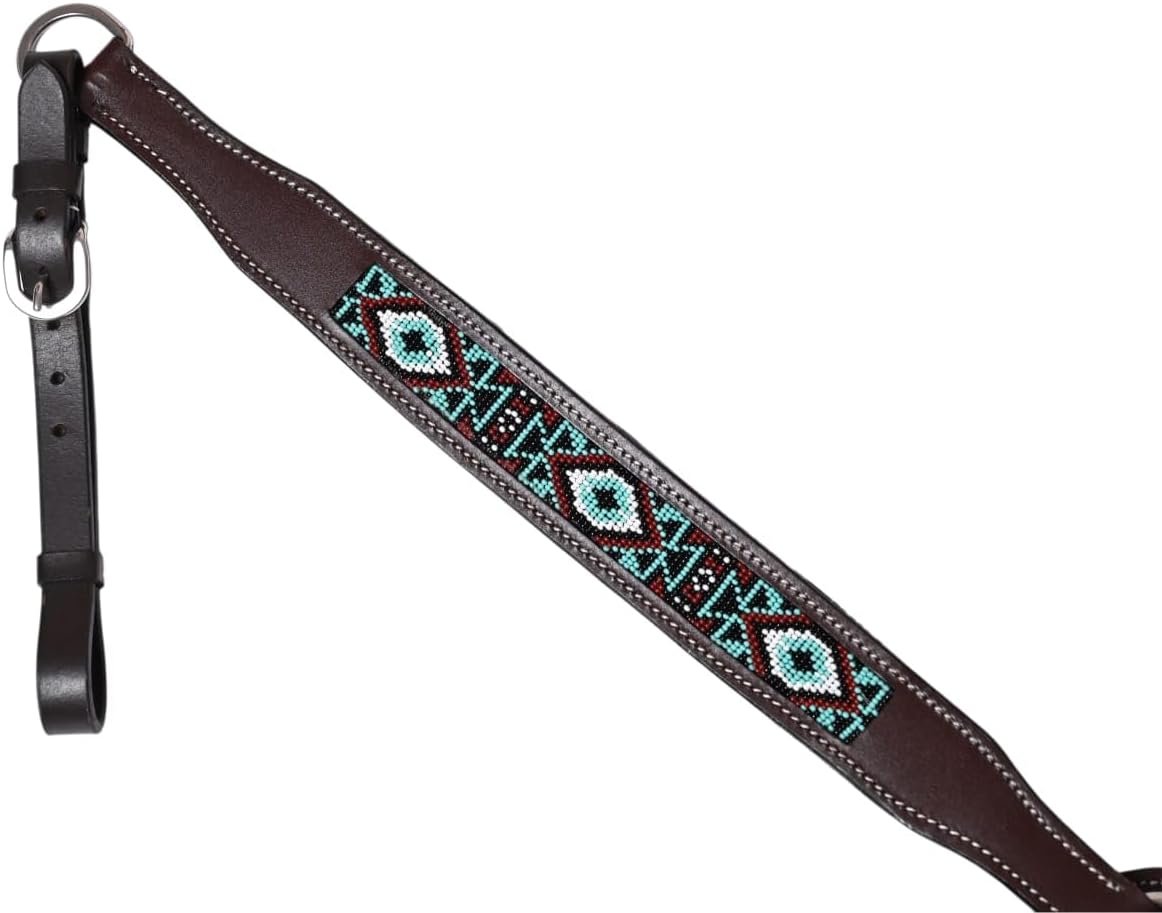 Western Leather Horse Breast Collar, Black with Turquoise Aztec Pattern, Adjustable Straps, Equestrian Tack