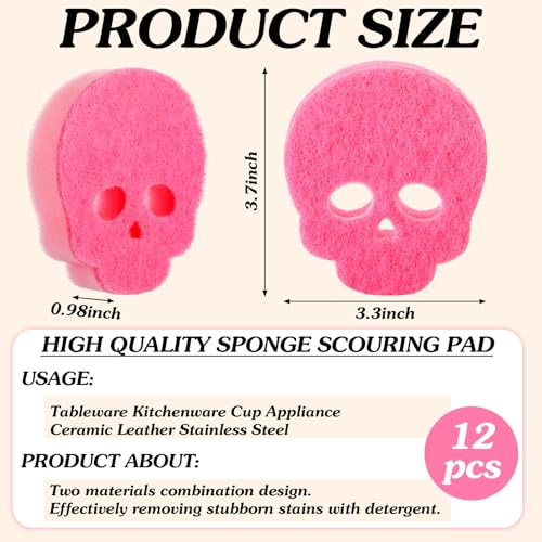 Image of Tioncy 12 Pack Skull Kitchen Sponges Bulk Dual Sided Scrubber Pink Sponges Dishwashing Skull Kitchen Accessories Dish Scouring Black, White
