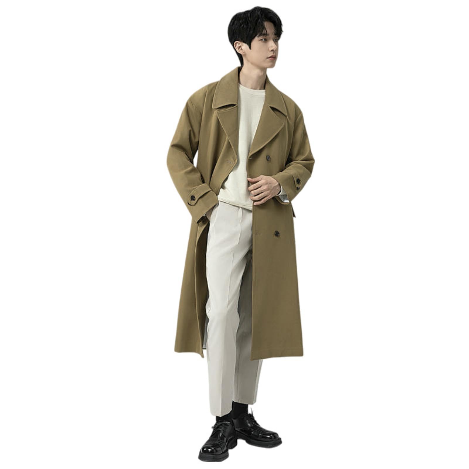 Trench da uomo con risvolto doppiopetto casual ampio sopra il ginocchio