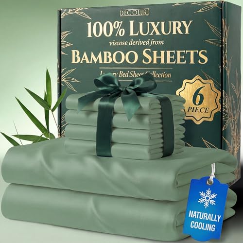 DECOLURE 100% Viscose Derived from Bamboo Sheets King Size - Luxury 6 Pc Naturally Cooling Sheets, Ultra Soft Bed Set - Deep 17' Pockets, Durable Double Stitching, Oeko Tex Standard (Sage Green)