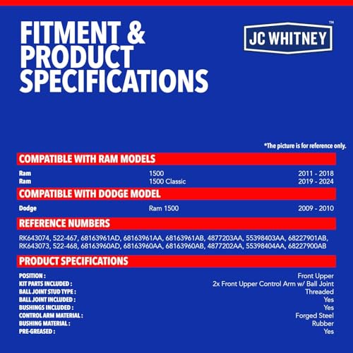 JC Whitney JFBAJCWCA00720 Set of 2 Control Arm with Ball Joint Assembly (Front Upper) - Compatible with Ram 1500 2011-2018, 1500 Classic 2019-2024, Dodge Ram 1500 2009-2010 - Image 3