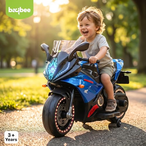 Image of Baybee SuperX Electric Bike for Kids 3+ Years | Baby Rechargeable Battery Bike with Training Wheels, Hand Accelerator, Foot Brake, Led Lights & Music | Battery Operated Bike for Kids to Drive (Blue)