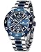 MEGALITH Orologio Uomo Cronografo 30M Impermeabile Orologio da Polso al Quarzo Analogico Data Luminoso Orologio Quadrante Grande Uomo in Acciaio Inossidabile Elegante Classico Regalo - Argento Blu