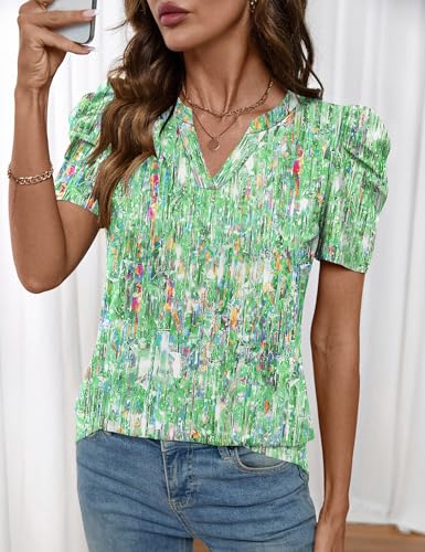 Image of LOMON Spring Summer Tops for Women 2026 V Neck Puff Short Sleeve Tops Fashion Trendy Work Blouses Dressy Casual S-XXL