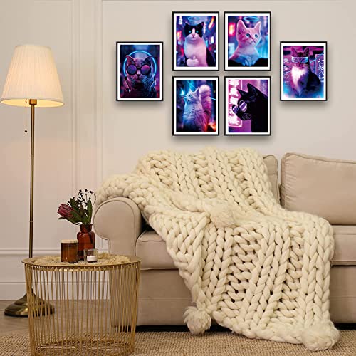 Neon Black Cat Poster,Funny Black Cat Wall Art Prints Decor,Japan Wall Art Modern Urban Neon Posters,Animal Canvas Painting Wall Art, Cool Cat Image Living Room Canvas Printing, Children's Bedroom, Home Decoration,Set Of 6 (8”X10” Unframed) #TOP3