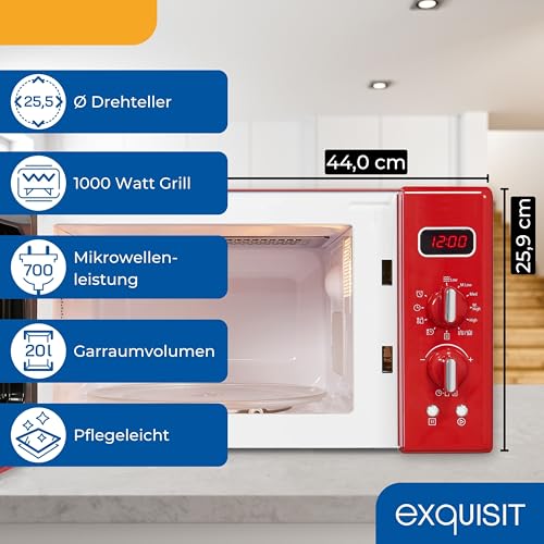 Exquisit Retro-Mikrowelle 700 Watt, 25,5 cm Drehteller, 1000 Watt Grill, 20L, 5 Leistungsstufen,...