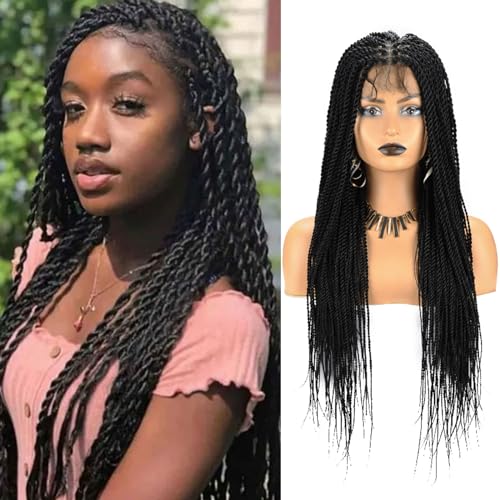 Remy Blue 26' Senegalese Twist Braided Wigs 360° HD Full Lace Twist Braided Wigs for Black Women Knotless Twist Braided Wig with Baby Hair Heat Resistant Synthetic Braid Lace Wigs for Daily Use