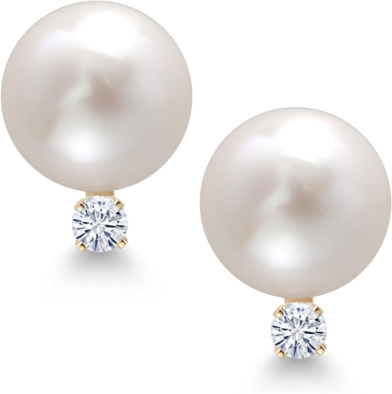 Gem Stone King 14K Yellow Gold Cultured Freshwater Pearls and White Moissanite Stud Earrings For Women | Pearl: 6.5MM | Moissanite: 0.13 Cttw | Round 2.5MM