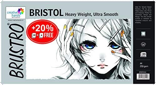 Image of Brustro Ultra Smooth Bristol Sheets | A4, 250 GSM | Pack of 20 + 4 Sheets | Ideal for Solvent Based Markers,Acid Free,Watercolour, Ink, Airbrush, Charcoal, Illustration, Mechanical Drawing, Brochures.