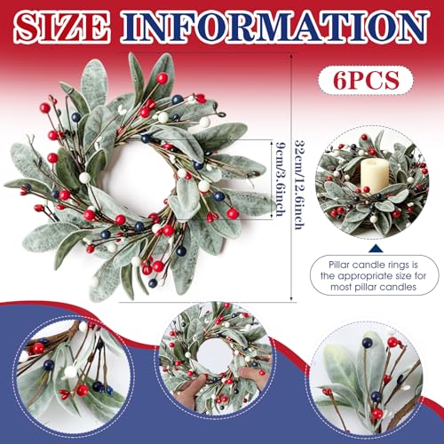 Image of 6 PCS Patriotic 4th of July Candle Rings Wreaths Independence Day Candle Rings Holder with Red White Blue Berries & Lamb's Leaves Mini Memorial Day Labor Day Wreath for Home Table Centerpiece Decor