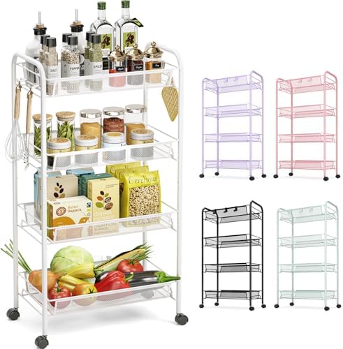 TOOLF 4-Tier Rolling Cart, Metal Utility Cart with 3 Hooks, Easy ...