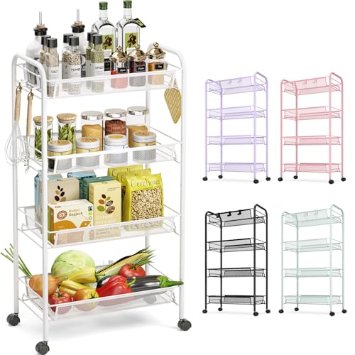 TOOLF 4-Tier Rolling Cart, Metal Utility Cart with 3 Hooks,
