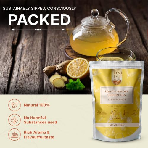 Image of Lemon Ginger Green Tea Loose Leaf (100gm /3.5oz), Makes Upto 50 Servings | Pure Ingredients, Spiced Blend with Cardamom, Ginger & Cinnamon, Rich Aromatic Flavor, Easy to Brew, Anytime Refreshing Tea