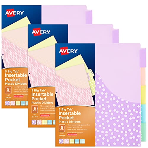 Avery Dividers for 3 Ring Binders, 5 Tab Binder Dividers, Plastic Binder Dividers with Pockets, Insertable Big Tabs, Pastel Classic Designs, Works with Sheet Protectors, 3 Sets (11255)