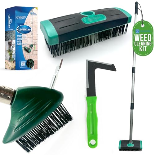 Ultimate Garden Weed Brush Set & Patio Cleaner Includes Metal Wire Broom Angled Moss Brush with Built In Scraper Tool & Free Handheld Weed Remover Tool Ideal for Driveway Garden & Patio Cleaning
