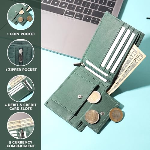 Image of VEMILIO Vegan Leather Wallet for Men | Eagle Print Embossed Premium Bifold Wallet | 3 Card Slots | 2 Cash Compartments | 1 Coin Pocket & 2 Secret Slots | Stylish, Durable & Gift for Men (Eagle, Green)