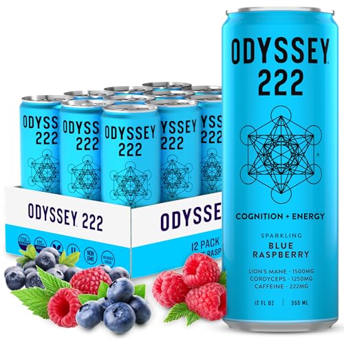 Odyssey 222 Energy Drink, Pre Workout, 222mg Caffeine, Clean Energy Drinks, L Theanine, Lions Mane, Cordyceps & Green Tea for Energy, Focus & Mood Boost, Low Calorie, Blue Raspberry, 12 Fl oz, 12 Pack Odyssey 222 Energy Drink, Pre Workout, 222mg Caffeine, Clean Energy Drinks, L Theanine, Lions Mane, Cordyceps & Green Tea for Energy, Focus & Mood Boost, Low Calorie, Blue Raspberry, 12 Fl oz, 12 Pack