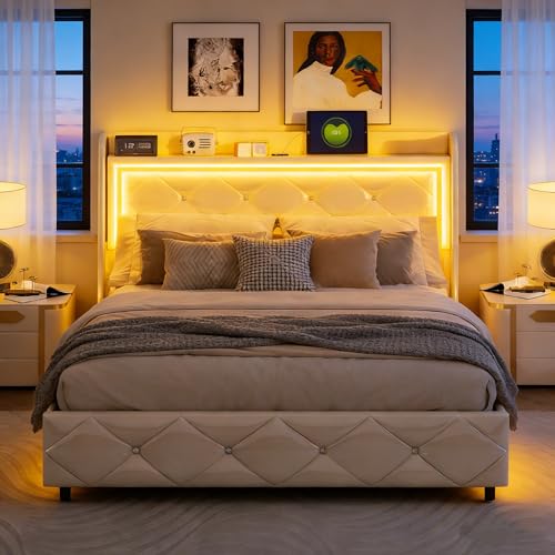 BRILVERDE Cama Doble 140x200 con Almacenamiento Hidráulico, con LED y USB, Estructura de Cama con Cajones, Somier de Madera y Cabecero Acolchado, para Adultos y Adolescentes, PU (Blanco-PU, 140 x 200