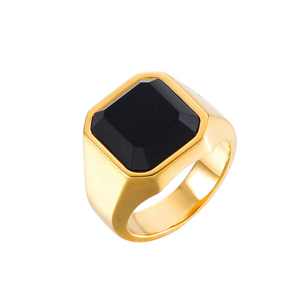 SEVEN50 Fashion Stainless Steel Yellow IP Plated Signet Rings with Black Agate for Men,Pinky Ring for Men