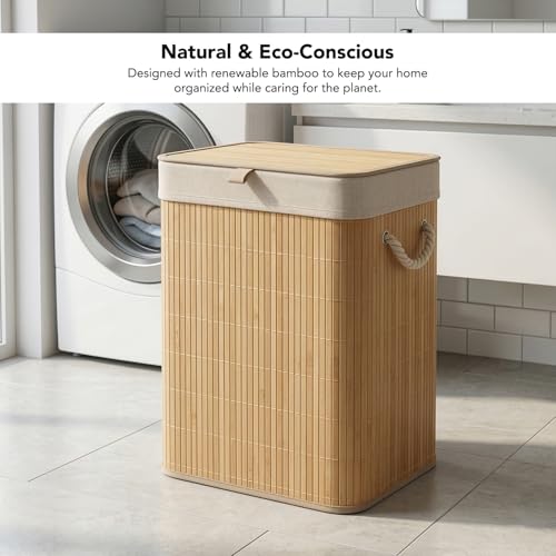 Image of Kura by Ekhasa Laundry Basket with Lid 60L, Bamboo Laundry Basket for Clothes, Foldable Laundry Hamper Basket with Removable Laundry Bag for Bedroom Bathroom Clothes Storage