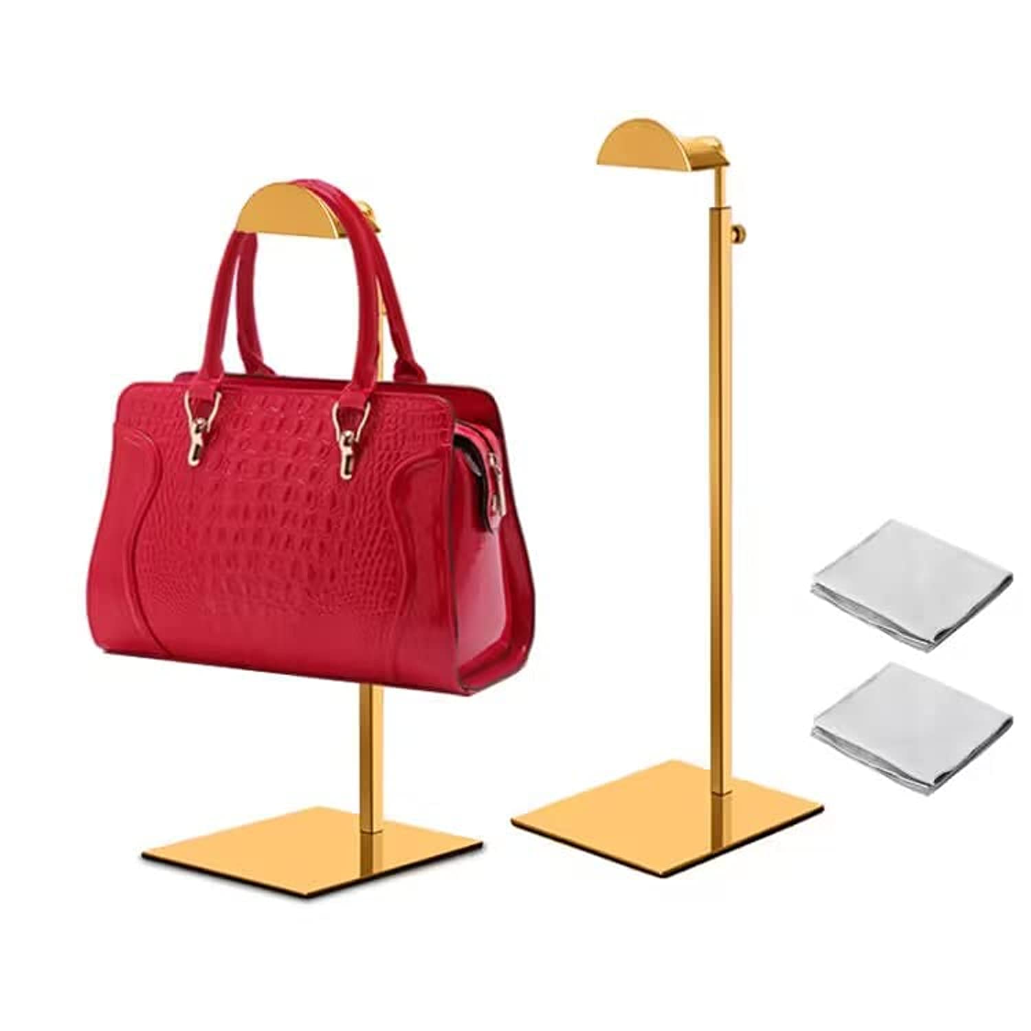 IS MUHE Handbag Display Stand, 2 Pack Tabletop Polished Gold Purse Display Stands For Display, Adjustable Height Half Round Clutch Hanger Jewelry Display Stand For Boutique (GOLD)