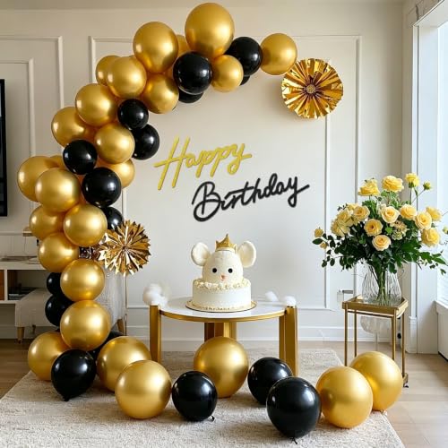 Image of TONIFUL Happy Birthday Sign for Backdrop - Glitter Black Gold Felt Banner - Includes Dot Glue - Perfect for Birthday Party Backdrop,Wall Decr,Balloon Arch,Photo Background