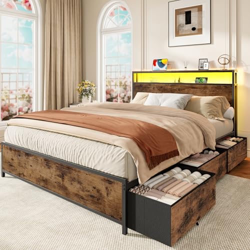 Forestell Queen Bed Frame with Headboard & 6 Drawers, Metal Platform Bed Frame Queen Size with Charging Station,LED Lights,2 Tier Shelf Storage Bedframe-No Box Spring Needed,Noise Free,Rustic Brown