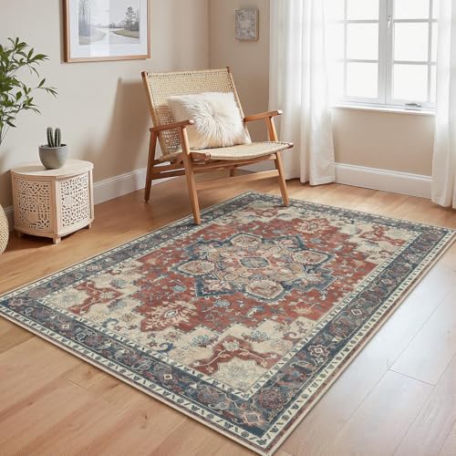 GENIMO Alfombra Salon Vintage Alfombras de Área Lavables en Máquina, Alfombras con Base Antideslizante, Alfombra de Dormitorio de Pelo Corto para Cocina, Comedor, Rojo Persa Vintage, 120X170CM