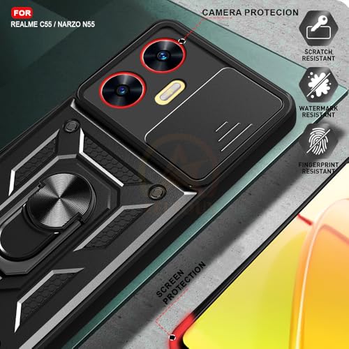 Image of Armor Bumper Back Cover Case for Realme C55 / Narzo N55 Rotating Camera Cover, Ring Holder & Kickstand | Heavy Duty & 360 Degree Protection Realme C55 / Narzo N55 Back Cover (Black)