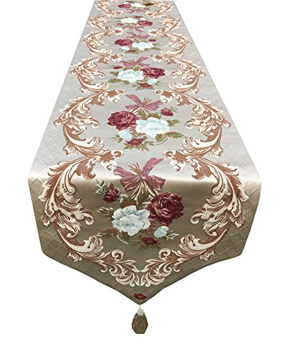 MAGILONA Home Tablecover Kitchen Decorative Luxurious Cotton Linen Embroidered 3D Floral Pattern Table Runner Tassel Dining Wedding Party 13x83 in (Coffee)