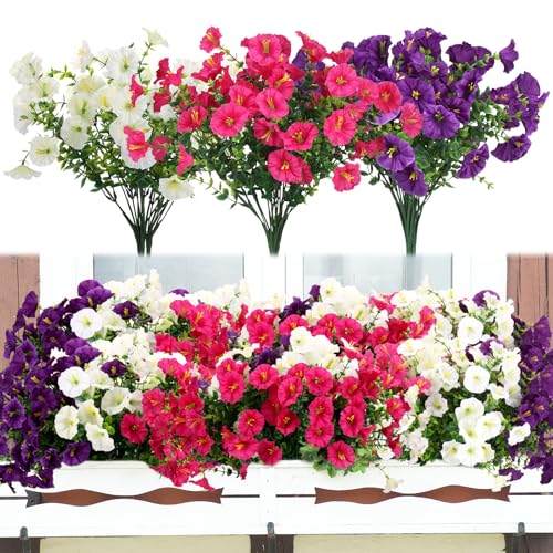9 Bundles Artificial Flowers for Outdoors, UV Resistant Artificial Outdoor Plants Fake Flowers Outside – Realistic Faux Petunias Silk Flowers for Garden Porch Balcony Indoor Decor