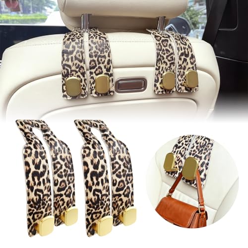 FLYEEGO 2 Pack Purse Hook for Car Headrest Car Seat Back Storage Hook for Purses and Bags Car Back Seat Headrest Purse Holder Hanger Storage Organizer (Leopard)
