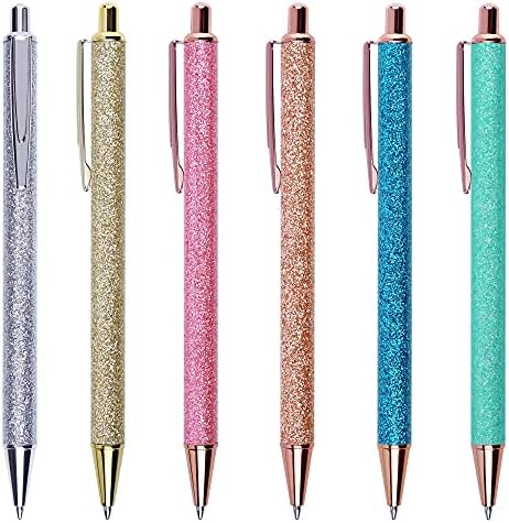 U-RIGHT Cute Retractable Ballpoint Pens for Women Girls, Fancy Decorative Glitter Body, Medium Point Black Ink, Smooth Colored Gifts, 6 Pack