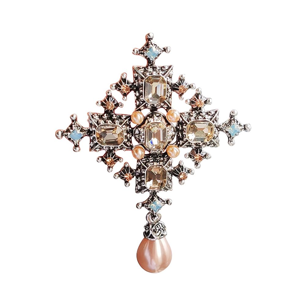 Broche Vintage En Croix Avec Strass Et Perles Goutte - Accessoire élégant Pour Robe, Veste, Chapeau - Cadeau Femme - 2