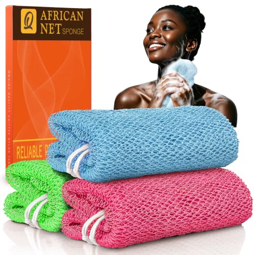 Image of UJFQBH African Net Sponge Authentic 3 Pack, the Gentle Exfoliating Body Scrubber that Unclogs Pores, Reaches Your Back, Dries Fast, and Leaves Skin Smooth Day After Day(Green, Sky Blue, Rose Red)
