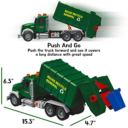 Garbage Truck Toy – Recycling Truck For Boys With 3 Garbage Cans + 48 Flash Cards – Push & Go, Lights & Sounds – Multi-Functional Trash Truck W/ Moving Parts For Boys Ages 3 4 5 6 7 8 Years Old #TOP5