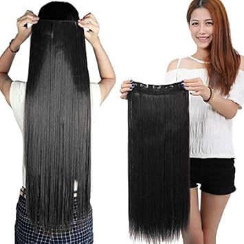 Chronex 5 Clips Based 24Inch Long Straight Hair Extension/Wig for Girls, Womens (Black)
