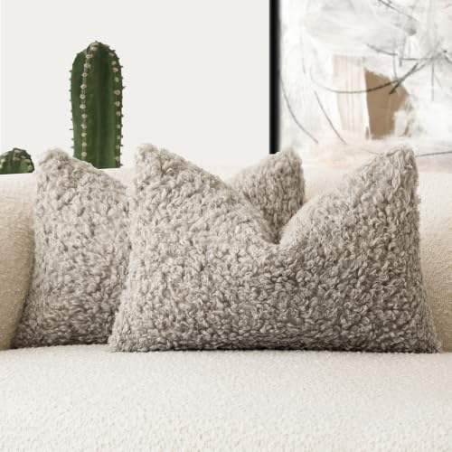 Image of Foindtower Set of 2 Curly Teddy Wool Pillow Covers Decorative Boucle Textured Lumbar Throw Pillow Faux Fur Sherpa Pillowcases Sheepskin Fuzzy Cushion Case for Sofa Bedroom Car 12 inchx20 inch Light Grey