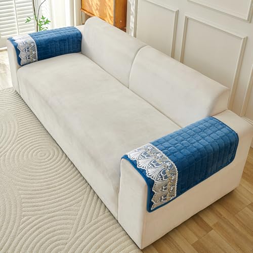 Image of HOKIPO 'BelleLace Series' Imperial Milk Velvet Anti-Slip Sofa Armrest Covers with Lace | 1 Pair - Celdaon Blue (AR-5961-BL*2)