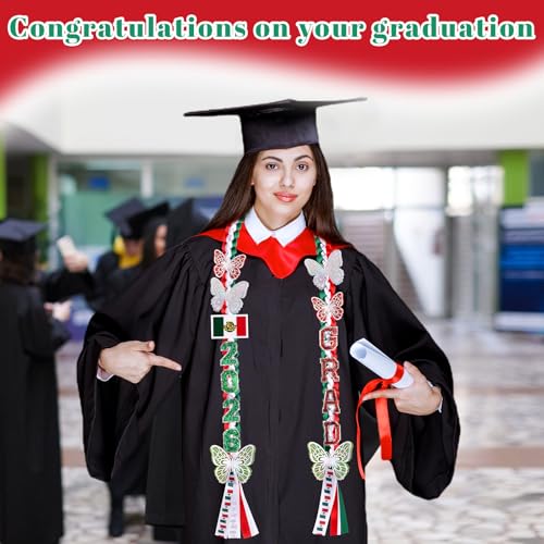 Image of Mexican Graduation Leis 2026,Class of 2026 Graduation Ribbon Lei with Butterfly and Pins,Double Handmade Congrats,Graduations Gifts for High School College