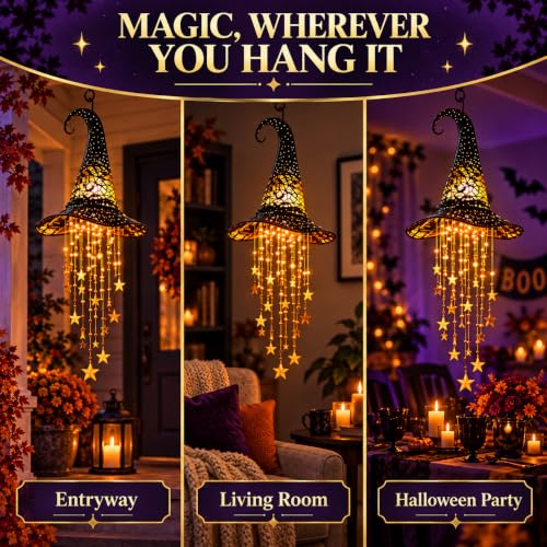 Halloween Witch Hat Hanging Decor Light, Battery Operated Lighted Witch Hat with Warm Glow, Hollow Cutout Design, Cascading Star Tassels and Wind Chime Effect for Indoor Porch Party Home Decorations - image 7
