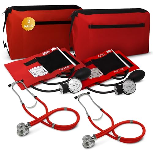 Image of Blood Pressure Monitor and Sprague Stethoscope Kit - 2-Pack, Adult Aneroid Sphygmomanometer with Dual-Head Stethoscope, Adjustable BP Cuff, Carrying Case & Accessories - Red