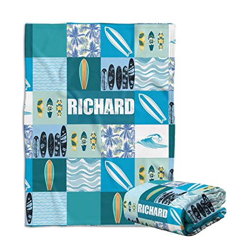 Personalized Surfboard Baby Blanket - Blue Plush, Custom Name for Boys & Girls, Beach Swaddle Blanket for Newborns & Toddlers