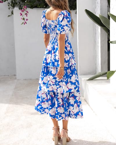 Image of BTFBM Womens Floral Smocked Summer Maxi Dresses | Square Neck Puff Short Sleeve Ruffle Tiered, 2026 Trendy Casual Sundress, Cruise Holiday Beach Vacation Wedding Guest Dress