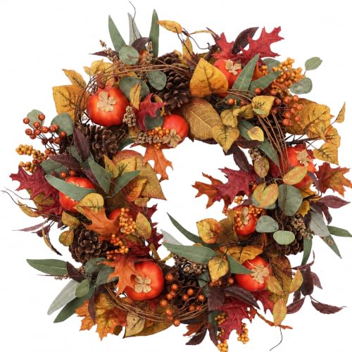 FLORANET 28' D Pre-lit Fall Autumn Harvest Artificial Persimmon Mix Wreath 6 Super Big Pinecones 9 Persimmons (35 LED Lights 8 Flash Options) for Home Decor Shop Front Door (Battery) w Gift Bouquet