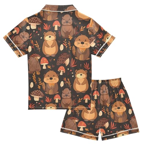 ALAZA Cute Mushroom Bear Brown Beaver Pajamas Satin Pajama Set Short Sleeve Button Down Sleepwear2