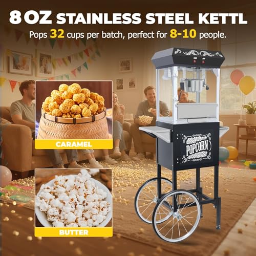 Image of 8 Oz Popcorn Machine Cart, 650 W, Popcorn Maker Machine with Stainless-Steel Kettle, Movie Theater Popcorn Machine with Steel Frame Tempered Glass Doors & Heated Warming Deck, Black