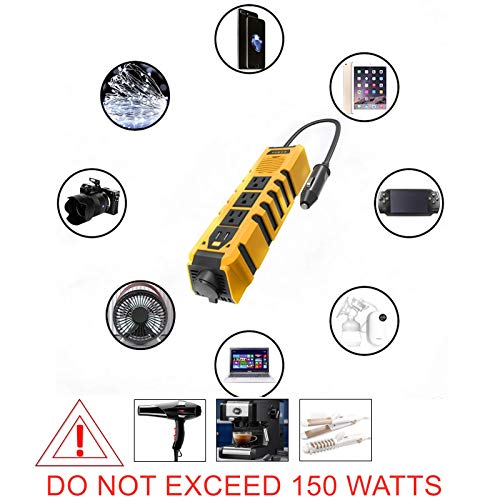 VEMOTE 150W Car Power Inverter Charger DC 12V to 110V AC Converter with 2.4A Dual USB Ports 3 Charger Outlets and 1 Cigarette Lighter Socket Adapter for Phones Tablets PC Laptops