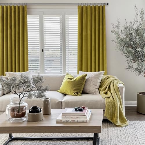 Image of Chartreuse Green Velvet Curtains 108 Inch Long 2 Panels Set Light Blocking Thermal Insulated Super Soft Mid Century Modern Olive Green Velvet Drapes Blackout for Living Room Bedroom Patio Sliding Door